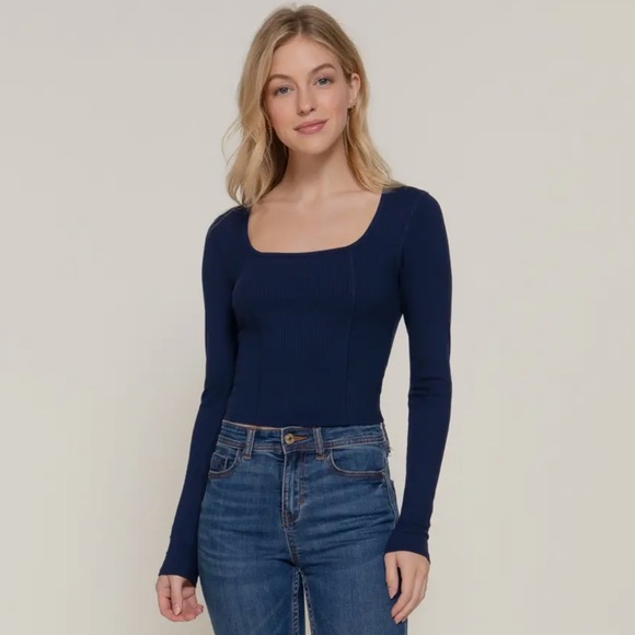 True Navy - Long Sleeve Square Neck Ribbed Top - Picture 4 of 4